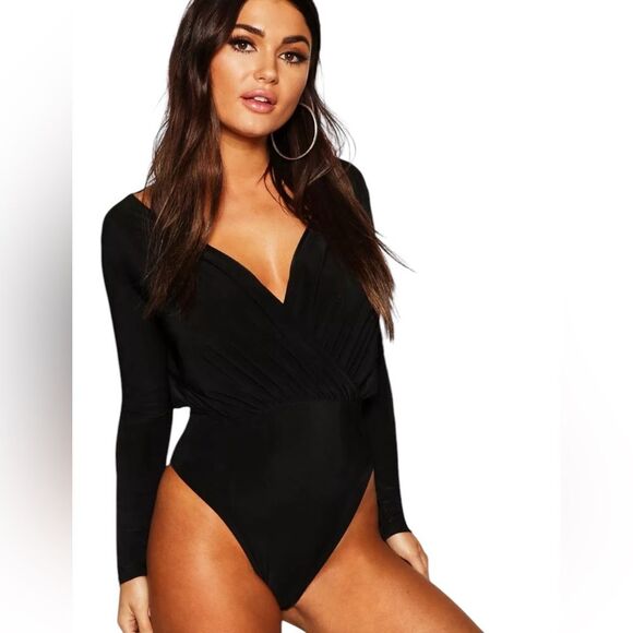 Boohoo Long Sleeve Wrap Front Bodysuit Womens Size 14 Black New With Tags - Picture 1 of 10